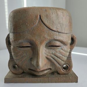 Vintage Resin Aztec Mesoamerican Style Mask Sculpture on Stand Candle Holder 7"